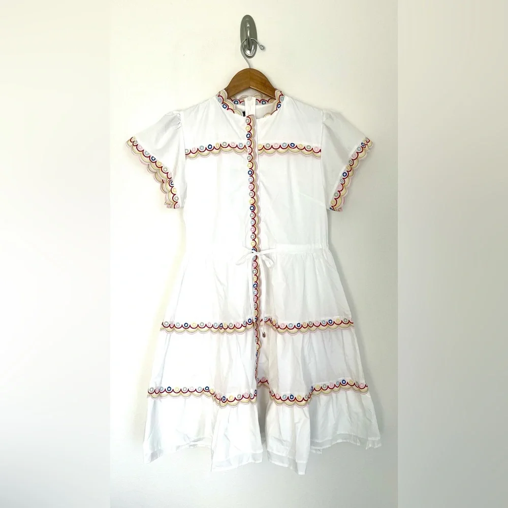 DALIA MACPHEE BNWT Scalloped Embroidered Shirt Dress Tie Waist Size M Lined - Picture 4 of 16